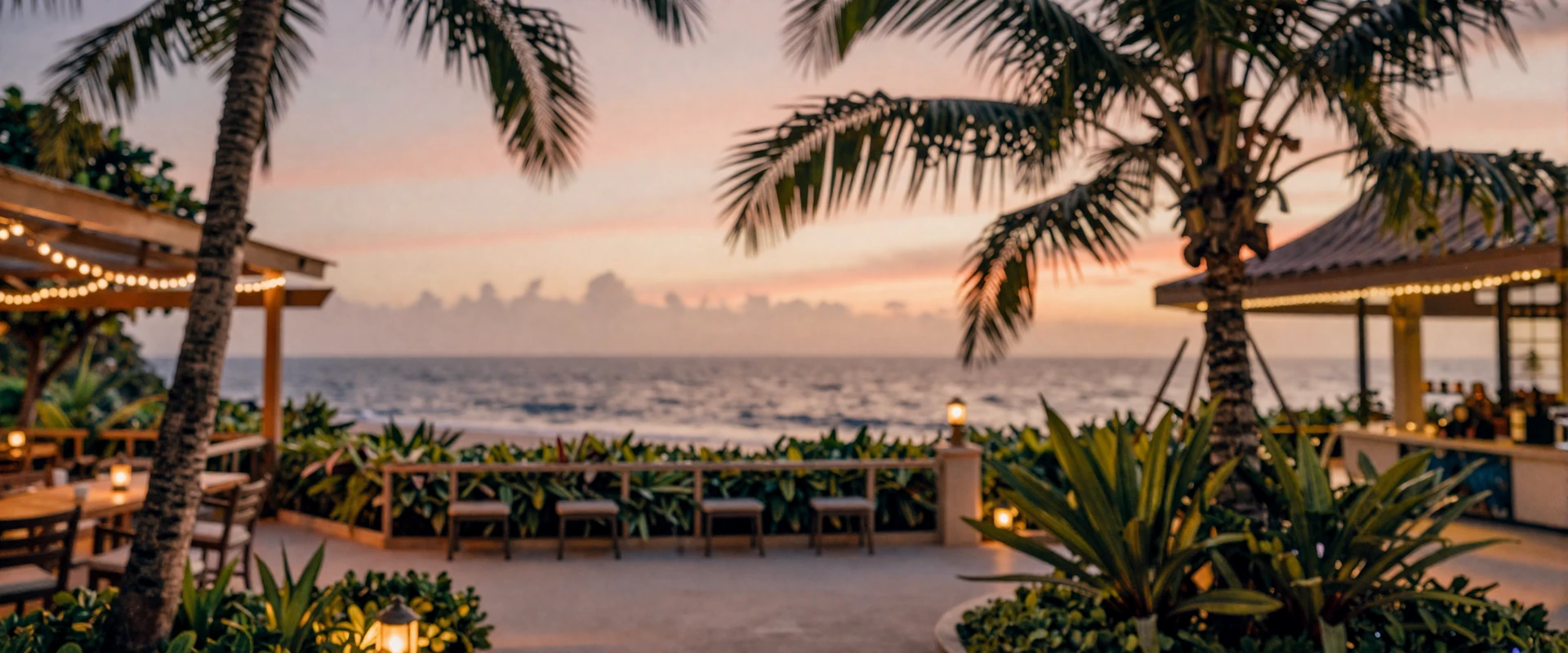 Romantic tropical sunset terrace with warm golden lighting for asian women dating