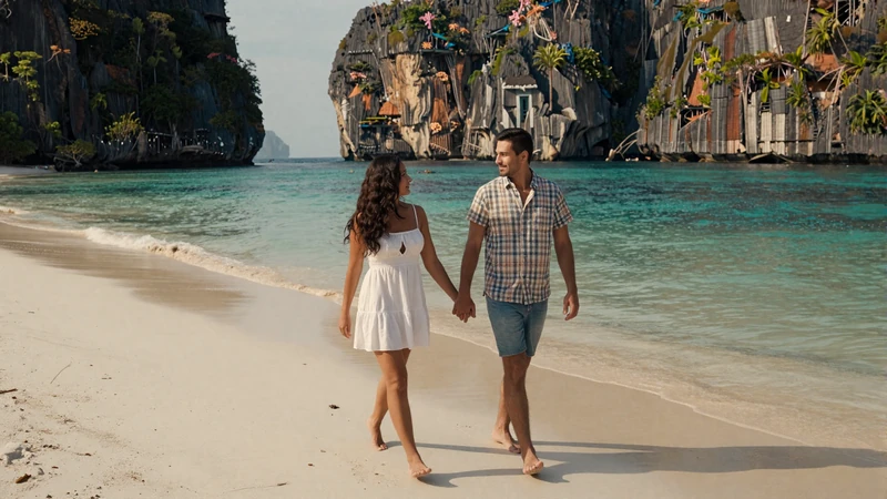 Couple walking on a white sand beach in Palawan Philippines showing romantic travel experience in Filipino women dating