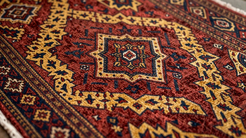 Traditional Turkmen carpet with intricate red and gold tribal patterns representing the UNESCO-recognized weaving heritage of Turkmen women dating culture