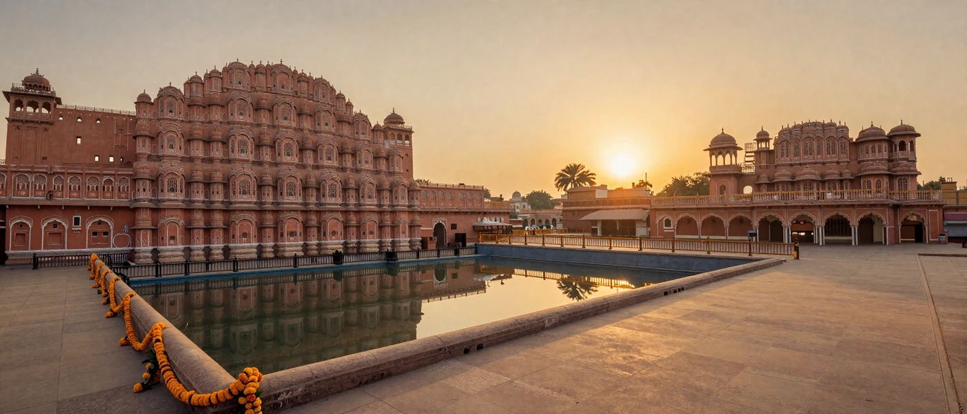 Majestic Indian palace architecture at sunset reflecting warm saffron tones of Indian culture and romance