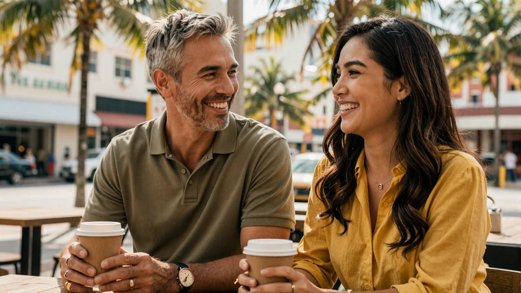 Cross-cultural couple with age gap enjoying coffee together in a tropical Asian city