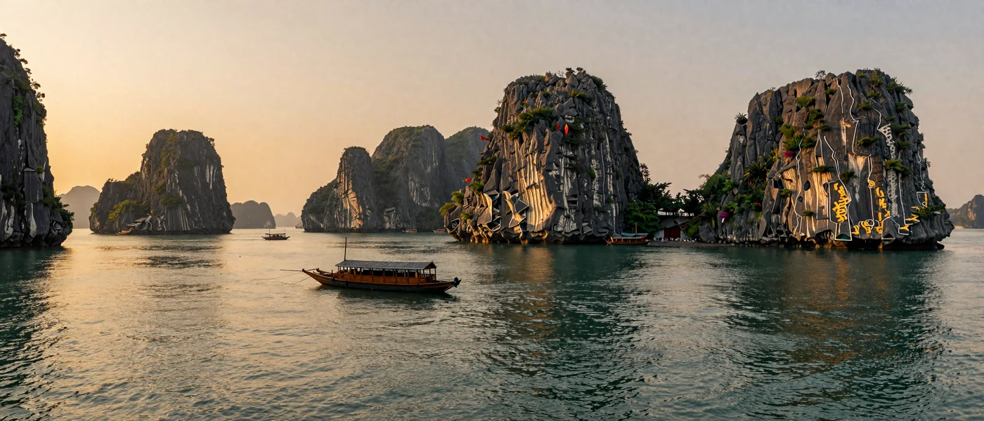 Ha Long Bay Vietnam at golden sunset representing the beauty and culture behind Vietnamese women dating